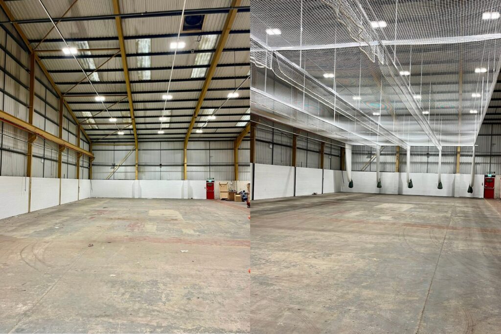 A 'before and after' style comparison of The Sports Warehouse. On the left, the space is an empty concrete shell with high yellow steel beams. On the right, white cricket netting has been installed across the ceiling and divided into lanes, ready for the flooring to be laid.