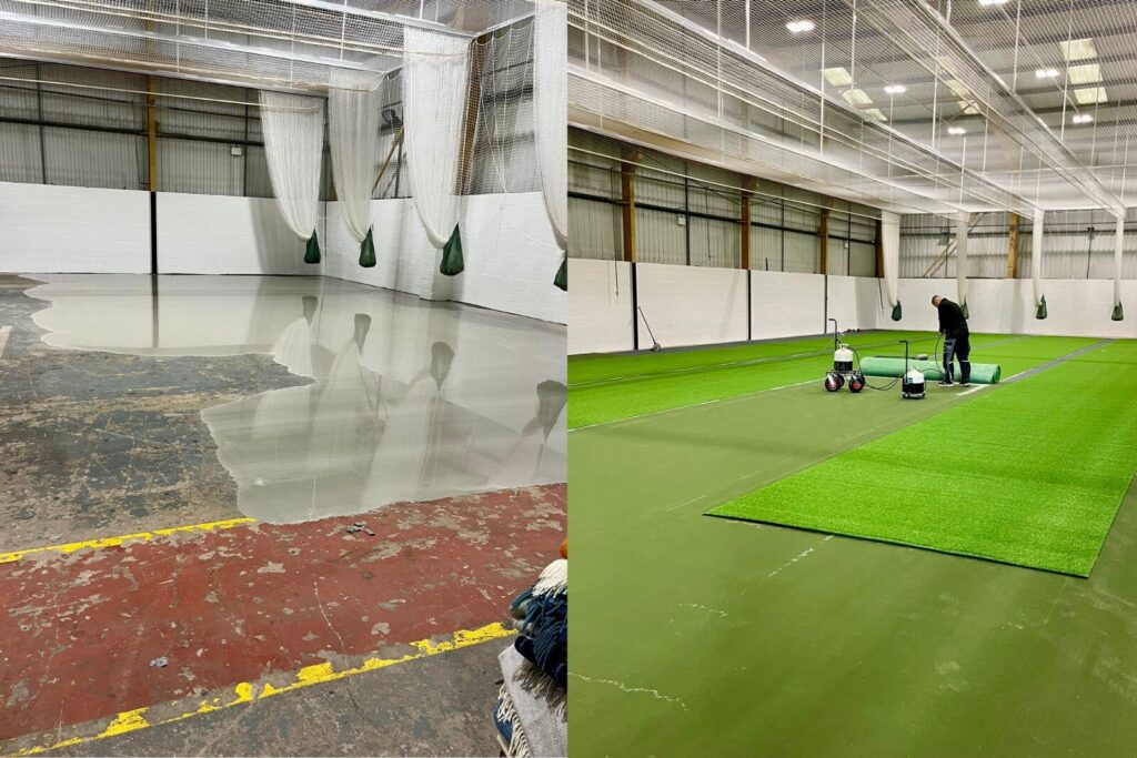 A side-by-side comparison showing the flooring installation. The left side shows a fresh gray self-leveling compound being poured over the original red-painted concrete floor. The right side shows a worker laying down vibrant green professional cricket turf over the newly levelled surface in the netted lanes.
